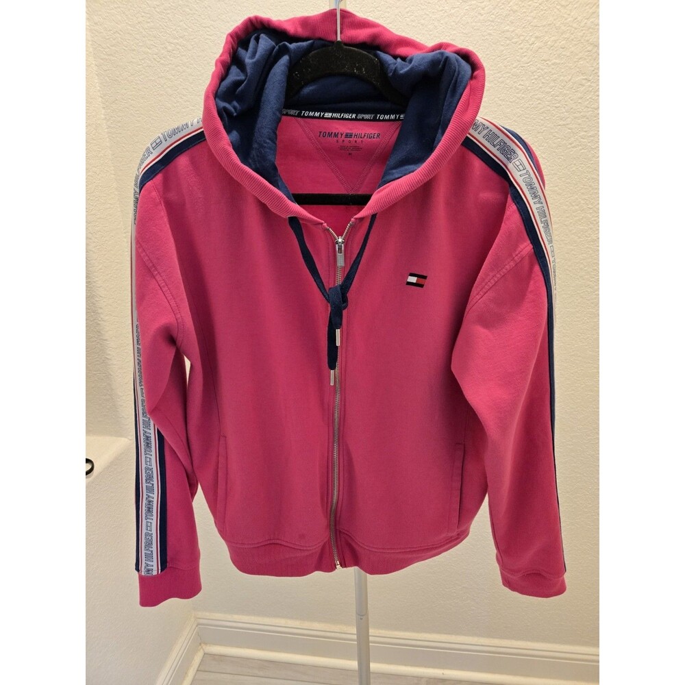 Tommy Hilfiger M Full Zip Hoodie Womens Pink Flag Logo Tape Sleeve Sweatshirt